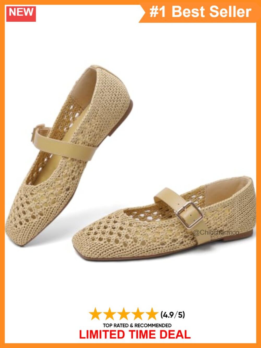 Women's Square Toe Knit Ballet Flats with Adjustable Strap - Slip On Mary Jane